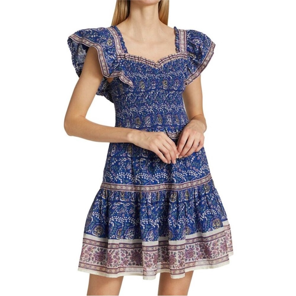 Sea New York Rosita Border Smocked Ruffle Tiered midi dress Small boho nautical
